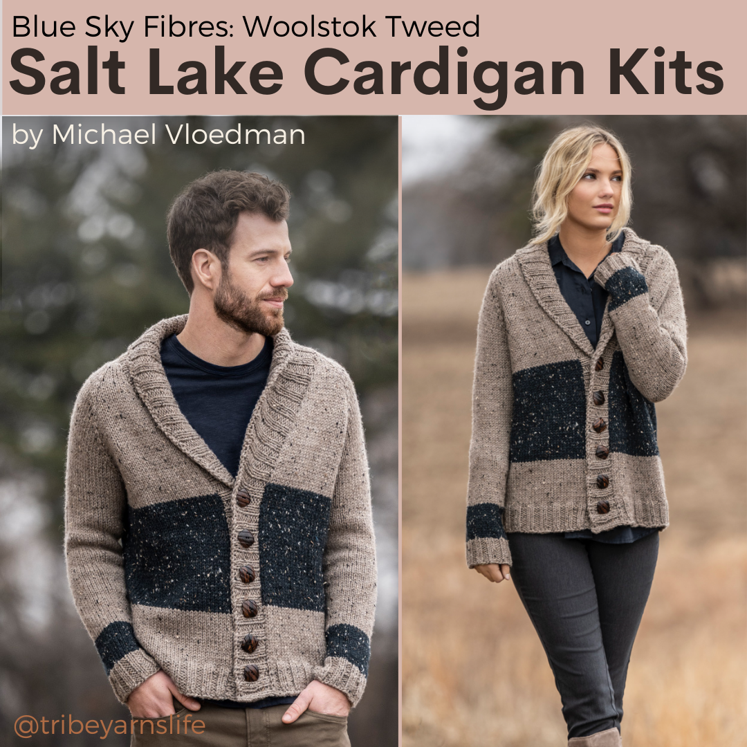 Salt Lake Cardigan Kits with Woolstok Tweed Blue Sky Fibers