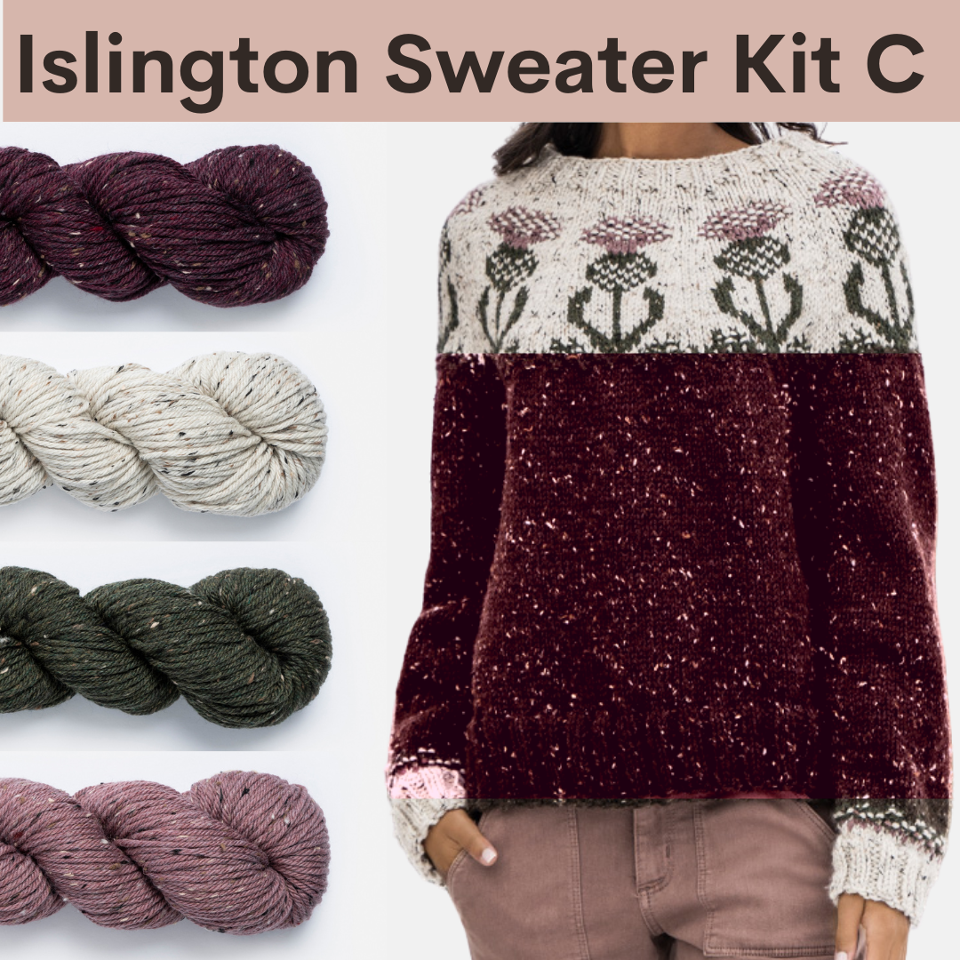 Islington Sweater Kits with Woolstok Tweed Blue Sky Fibers