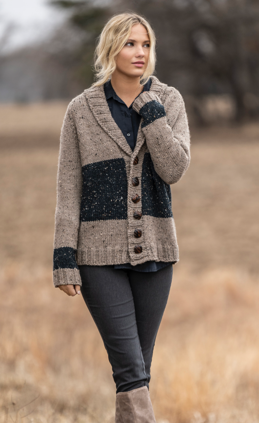 Salt Lake Cardigan Kits with Woolstok Tweed Blue Sky Fibers